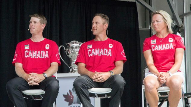 David Hearn, Alena Sharp and Graham DeLaet during the Team Canada golf announcement on on July 19, 2016. (Tavia Bakowski/COC)