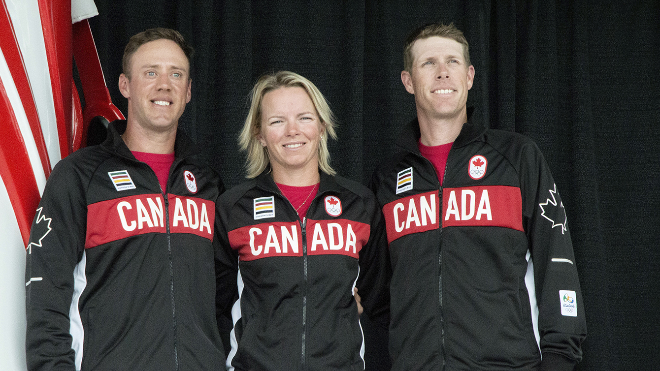 David Hearn, Alena Sharp and Graham DeLaet pose during the Team Canada golf announcement on on July 19, 2016. (Tavia Bakowski/COC)