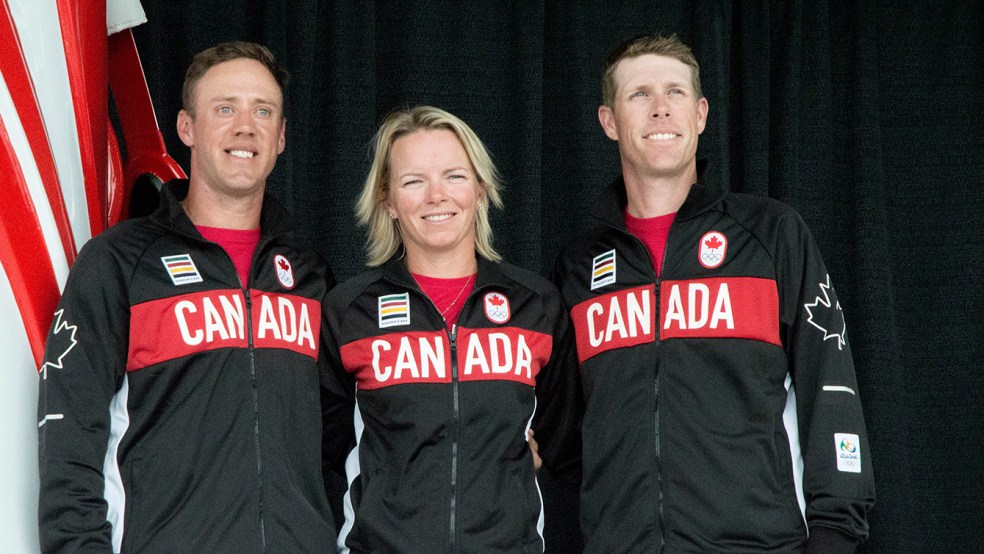 David Hearn, Alena Sharp and Graham DeLaet pose during the Team Canada golf announcement on on July 19, 2016. (Tavia Bakowski/COC)