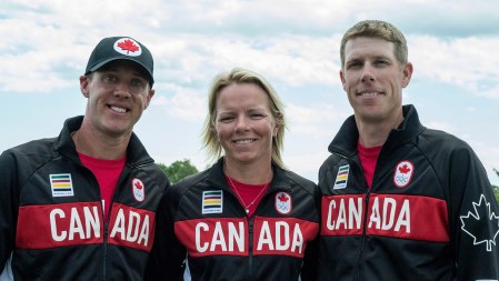 David Hearn, Alena Sharp and Graham DeLaet pose after the Team Canada golf announcement on on July 19, 2016. (Tavia Bakowski/COC)