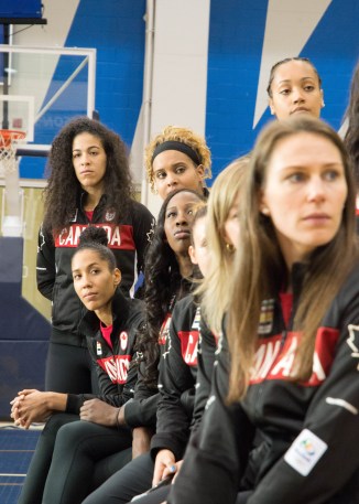 Team Canada Basketball watches the Ice in Our Veins video during the Team Canada Basketball announcement on July 22, 2016. (Tavia Bakowski/COC)