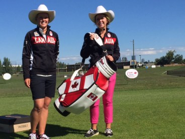 Brooke Henderson (left), and sister, Olympic-bound caddie Brittany Henderson, at a simultaneous white hat ceremony in Calgary, Alberta on the day of the Olympic team announcement in Oakville, Ontario, July 19, 2016.