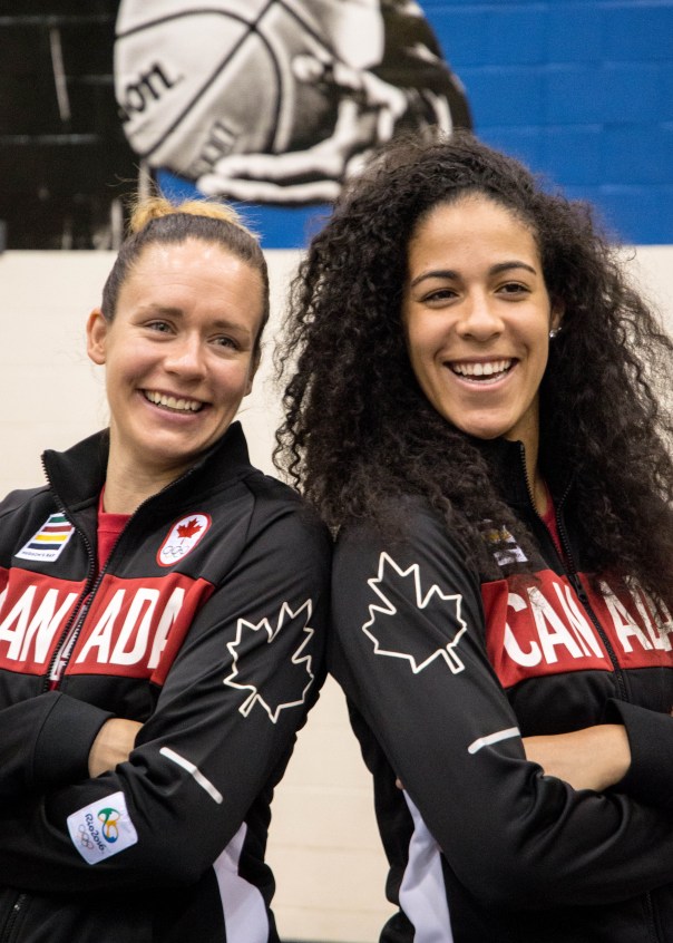 Shona Thorburn and Kia Nurse pose back to back during the Team Canada announcement on July 22, 2016. (Tavia Bakowski/COC)