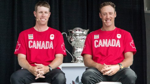 David Hearn and Graham DeLaet speak at the Glen Abbey Golf Club after being nominated to Team Canada on July 19, 2016. (Tavia Bakowski/COC)