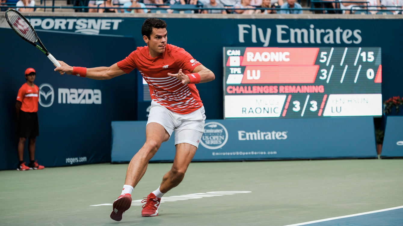 Milos Raonic in action against at the Rogers Cup in Toronto on July 27, 2016.