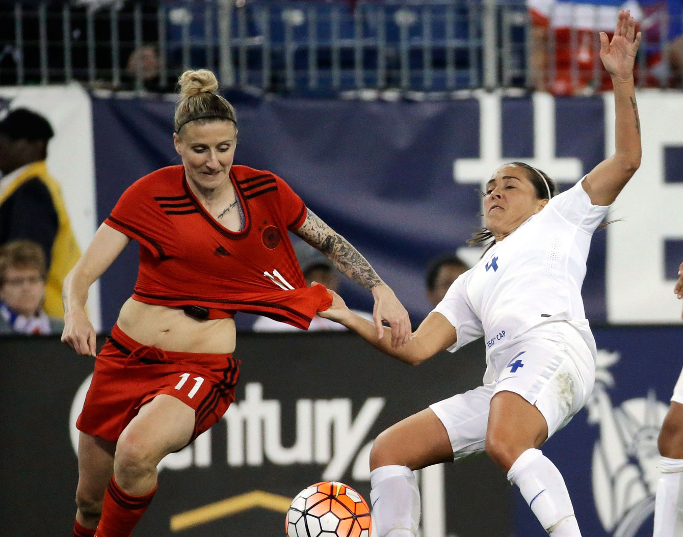 Anja Mittag (left) against England on March 6, 2016. 