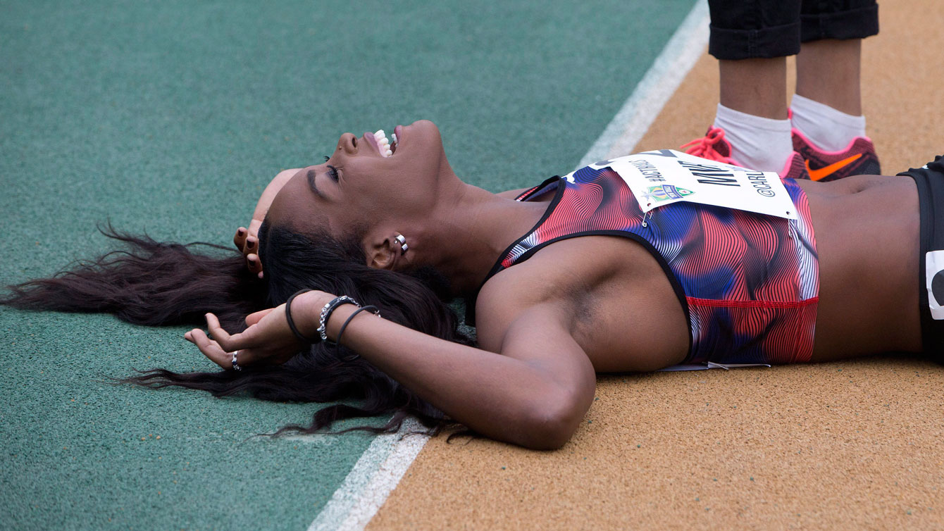 An ecstatic Carline Muir after winning the women's 400m at Athletics Canada Olympic trials on July 9, 2016.