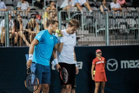 Canada’s Vasek Pospisil and Daniel Nestor play doubles at the Rogers Cup in Toronto on July 28, 2016. (Thomas Skrlj/COC)
