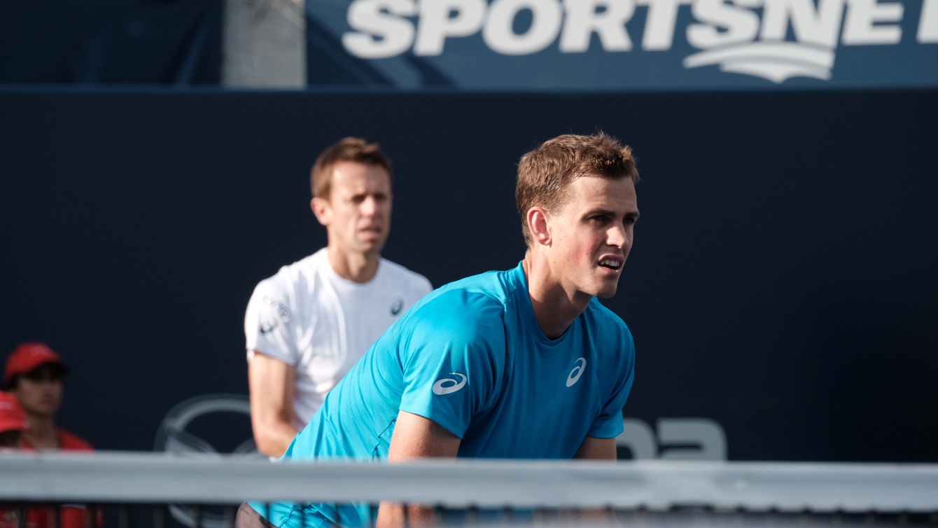 Canada's Vasek Pospisil in doubles action with Daniel Nestor at the Rogers Cup in Toronto on July 30, 2016. (Thomas Skrlj/COC)