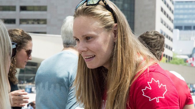 Karen Paquin speaking to the media after the Team Canada Rugby send-off party on July 26, 2016. (Tavia Bakowski/COC)