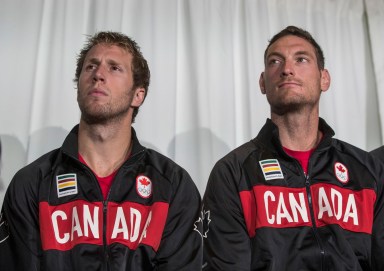 Sam Schachter (left) and Josh Binstock at the Rio 2016 beach volleyball nomination announcement on July 20, 2016.
