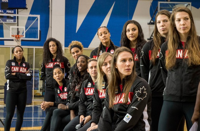 Rio 2016 basketball team watches the Team Canada Ice In Our Veins video during the Team Canada announcement on July 22, 2016. (Tavia Bakowski/COC)
