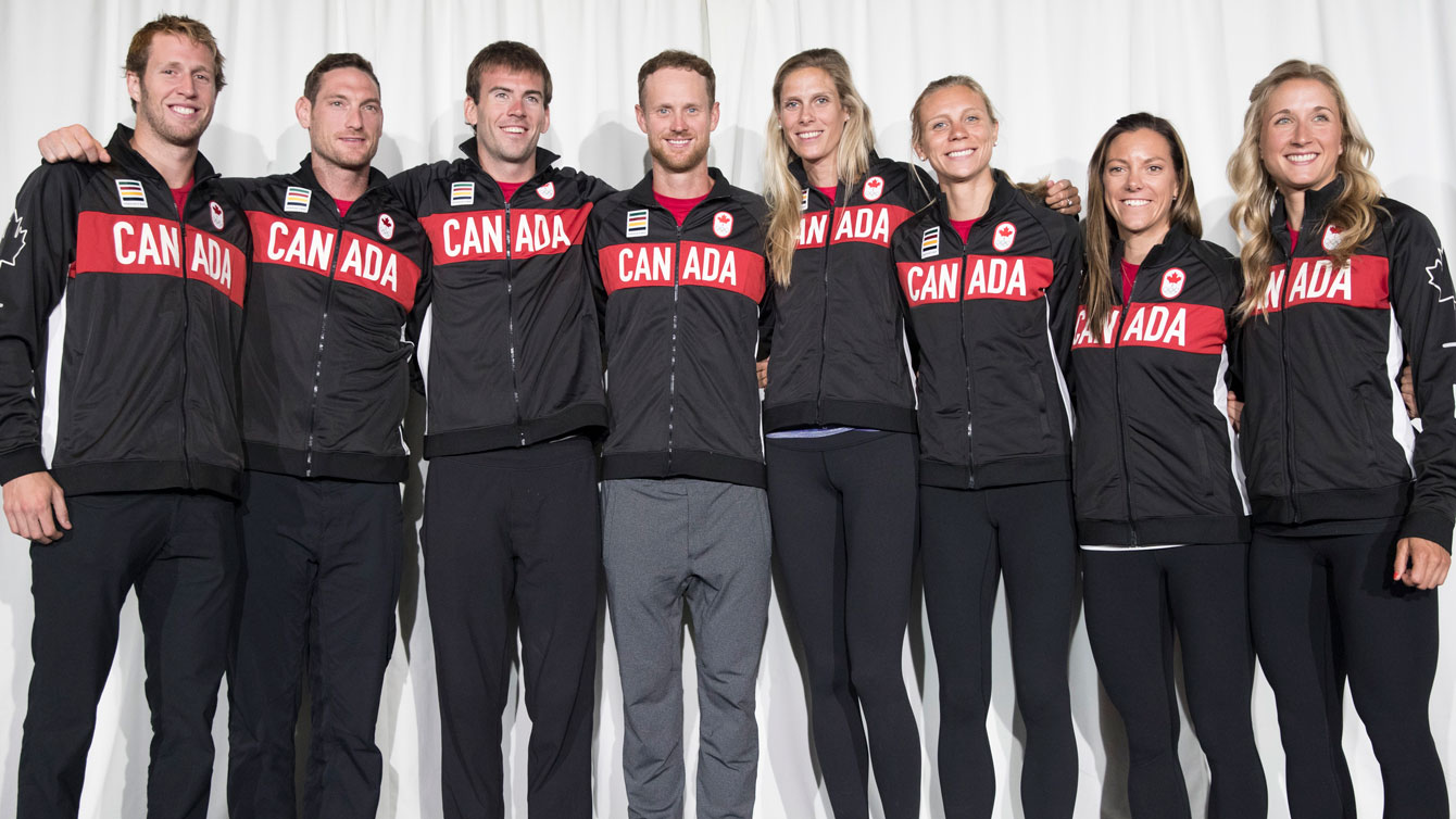 Beach volleyball team at the Rio 2016 Olympic nomination on July 20, 2016. From let to right, Sam Schachter, Josh Binstock, Ben Saxton, Chaim Schalk, Sarah Pavan, Kristina Valjas, Jamie Broder and Heather Bansley. 