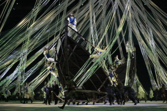 Rio Olympics Opening Ceremony Artists perform during the opening ceremony for the 2016 Summer Olympics in Rio de Janeiro, Brazil, Friday, Aug. 5, 2016. (AP Photo/David J. Phillip)