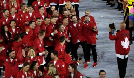 Canadian athletes pose for a photograph as they march in during the opening ceremony for the 2016 Summer Olympics in Rio de Janeiro, Brazil, Friday, Aug. 5, 2016. (AP Photo/Matt Slocum)