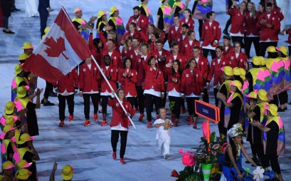 Rosie MacLennan leads Team Canada into the stadium during the opening ceremonies at the 2016 Olympic Games in Rio de Janeiro, Brazil on Friday, Aug. 5, 2016. THE CANADIAN PRESS/Sean Kilpatrick