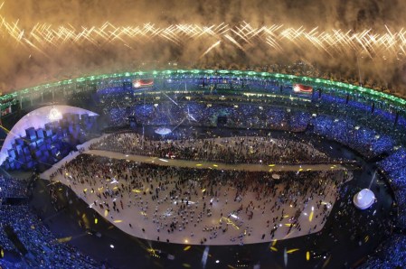 Fireworks are seen over Maracana Stadium during the opening ceremony at the 2016 Summer Olympics in Rio de Janeiro, Brazil, Friday, Aug. 5, 2016. (AP Photo/Morry Gash)