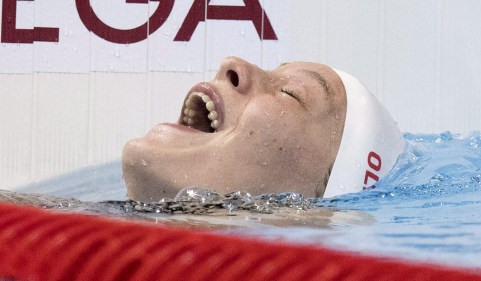 Canada's Penny Oleksiak reacts to her silver medal performance in the women's 100-metre butterfly at the 2016 Summer Olympics on Sunday, August 7, 2016 in Rio de Janeiro, Brazil. THE CANADIAN PRESS/Frank Gunn