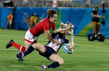 Rio Olympics Rugby Women Great Britain's Danielle Waterman, right, scores a try as Canada's Ghislaine Landry, defends during the women's rugby sevens bronze medal match at the Summer Olympics in Rio de Janeiro, Brazil, Monday, Aug. 8, 2016. (AP Photo/Themba Hadebe)
