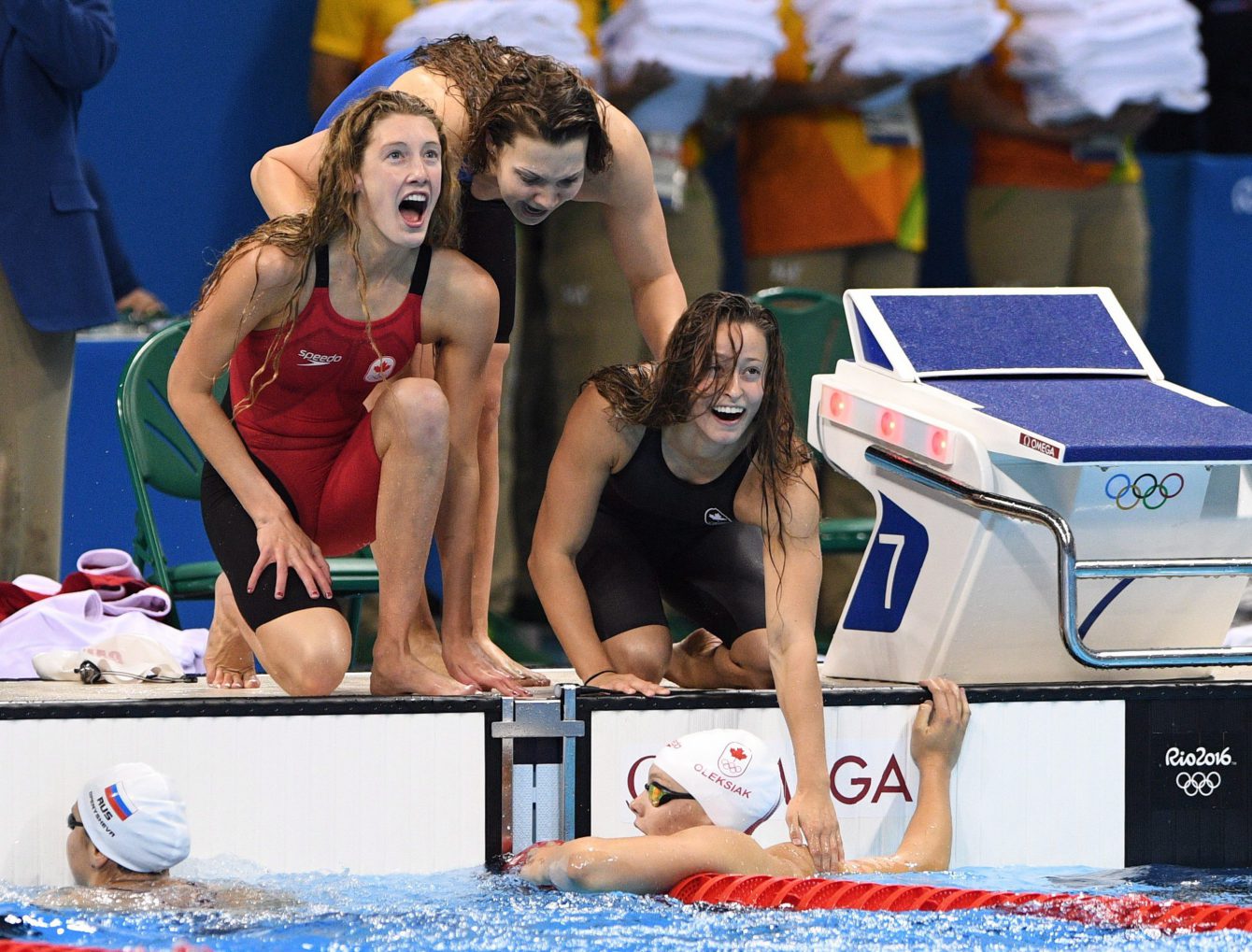 Canada's Taylor Ruck, left to right, Brittany MacLean, Katerine Savard and Penny Oleksiak take bronze in the women's 4 x 200m freestyle relay during the 2016 Olympic Summer Games in Rio de Janeiro, Brazil in Wednesday, Aug. 10, 2016. THE CANADIAN PRESS/Sean Kilpatrick