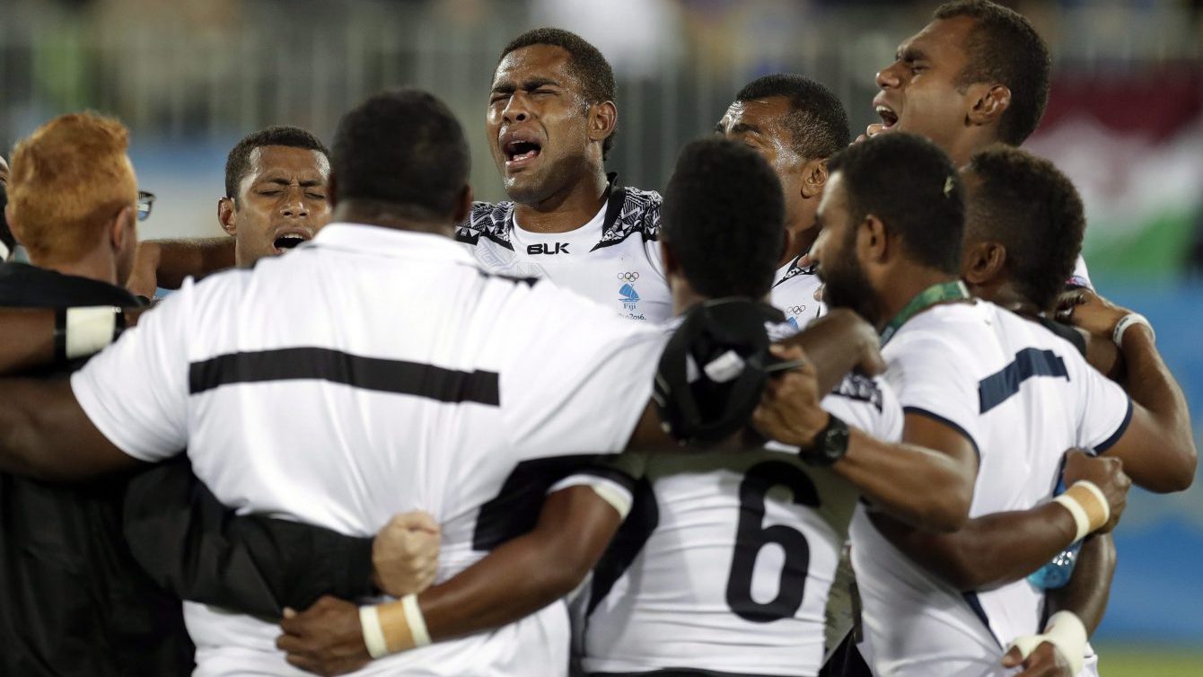 Fiji's players after winning the men's rugby sevens gold medal match against Britain at the Rio 2016, Brazil, Thursday, Aug. 11, 2016. (AP Photo/Themba Hadebe)