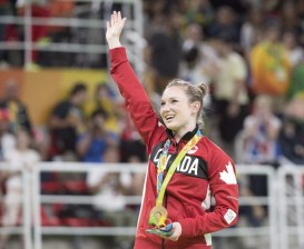 Canada's Rosie MacLennan, from King City, Ont., celebrates after winning the gold medal in the trampoline gymnastics competition at the 2016 Summer Olympics Friday, August 12, 2016 in Rio de Janeiro, Brazil.THE CANADIAN PRESS/Ryan Remiorz