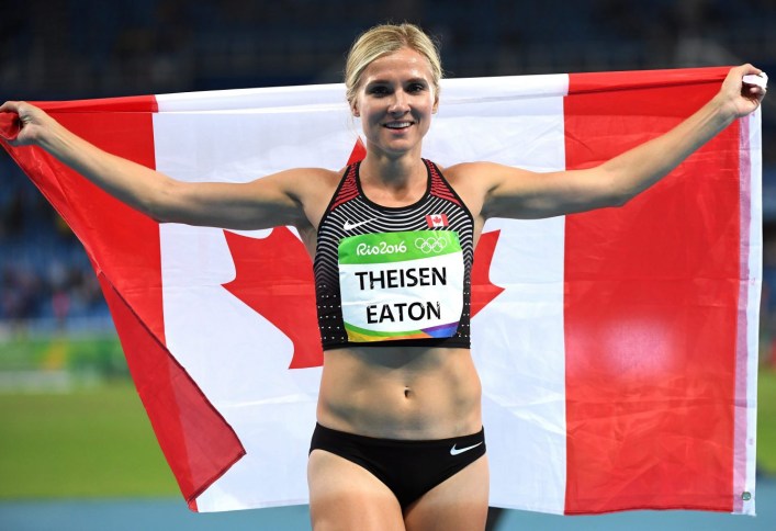 Canada's Brianne Theisen-Eaton celebrates her bronze medal finish in the women's heptathlon at the 2016 Olympic Games in Rio de Janeiro, Brazil on Saturday, Aug. 13, 2016. THE CANADIAN PRESS/Ryan Remiorz
