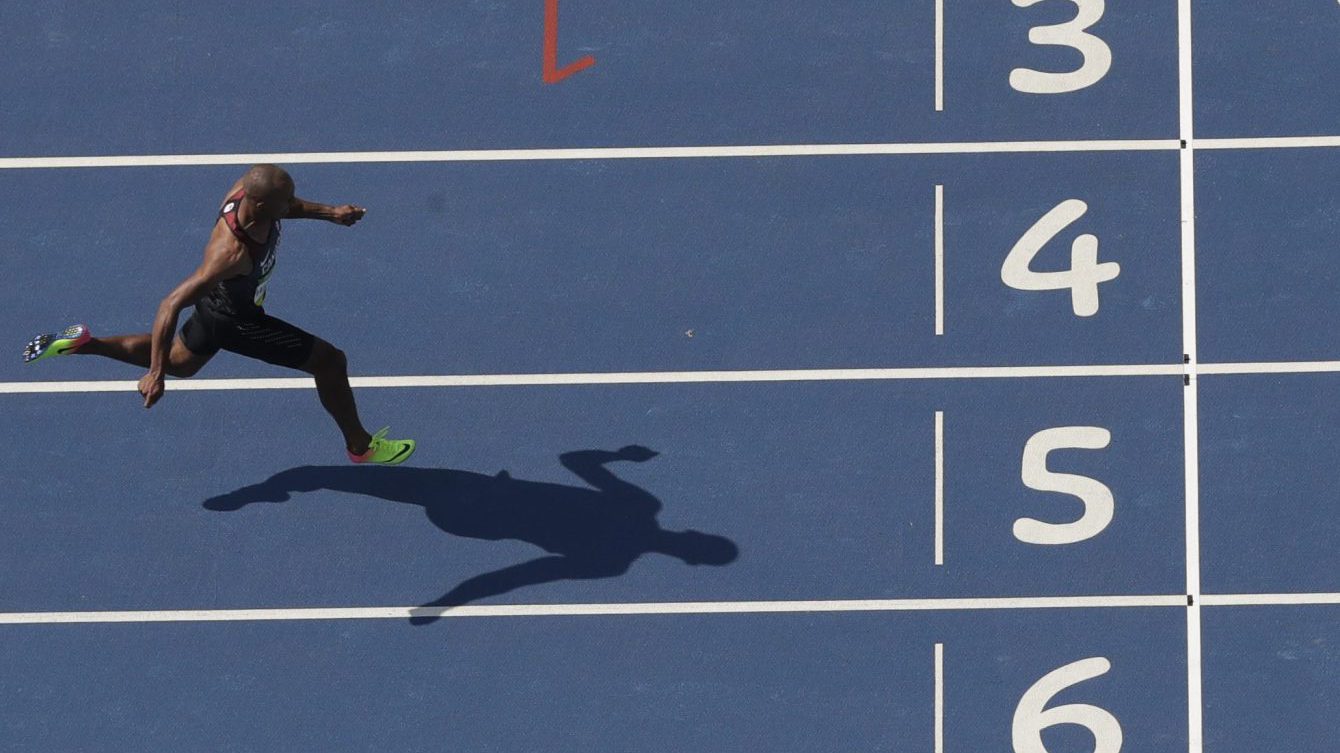 Damian Warner wins his 100m heat in the decathlon during the athletics competitions of the 2016 Summer Olympics at the Olympic stadium in Rio de Janeiro, Brazil, Wednesday, Aug. 17, 2016. (AP Photo/Morry Gash)