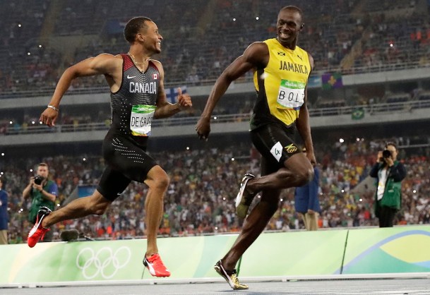 Rio Olympics Athletics De Grasse and Bolt sprinting