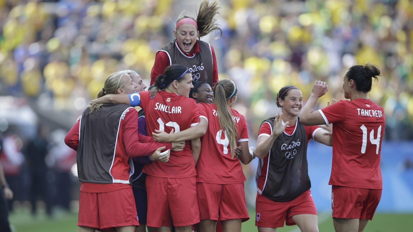 Canada players celebrates after Christine Sinclair scoring their side's second goal during the bronze medal match of the women's Olympic football tournament between Brazil and Canada at the Arena Corinthians stadium in Sao Paulo, Friday Aug. 19, 2016. (AP Photo/Nelson Antoine)