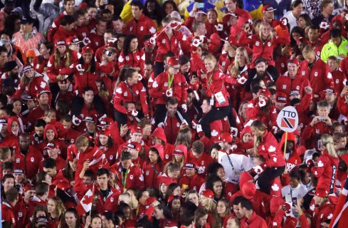 Athletes from Canada march into the closing ceremony in the Maracana stadium at the 2016 Summer Olympics in Rio de Janeiro, Brazil, Sunday, Aug. 21, 2016. (AP Photo/Charlie Riedel)