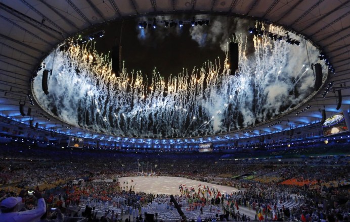 Fireworks explode during the closing ceremony for the Summer Olympics at Maracana stadium in Rio de Janeiro, Brazil, Sunday, Aug. 21, 2016. (AP Photo/Vincent Thian)