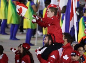 Canadian athletes celebrate during the closing ceremony in the Maracana stadium at the 2016 Summer Olympics in Rio de Janeiro, Brazil, Sunday, Aug. 21, 2016. (AP Photo/Mark Humphrey)