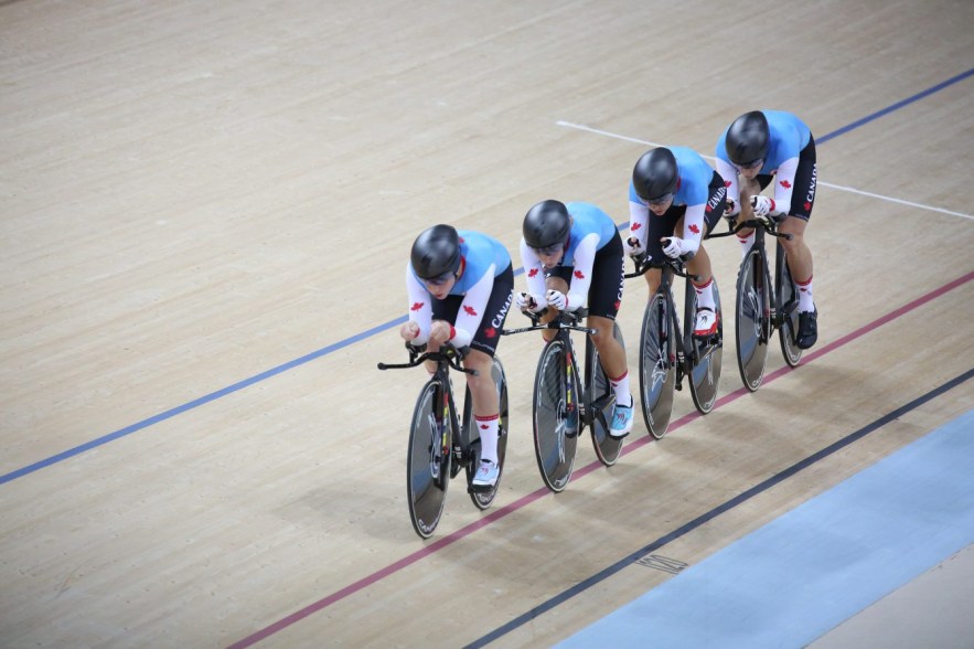 Canada's women's team pursuit team Allison Beveridge, Jasmin Glaesser, Kirsti Lay, and Georgia Simmerling race for the bronze medal at the velodrome at the Olympic games in Rio de Janeiro, Brazil, Saturday August 13, 2016.