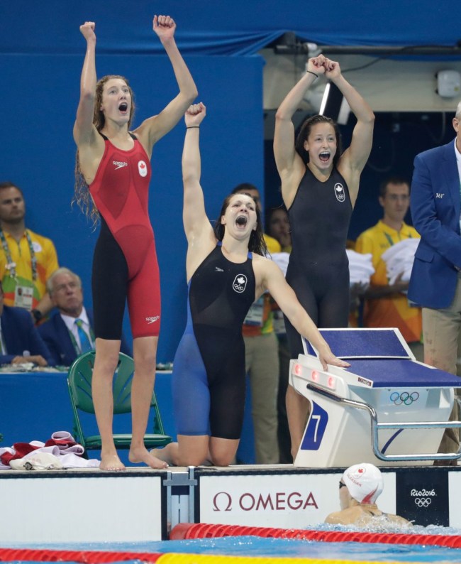 Canada's 4x200m freestyle relay team reacts to winning bronze at Rio 2016.