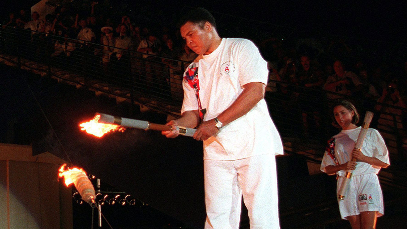 Muhammad Ali lights the Olympic flame in Atlanta on July 19, 2016. 