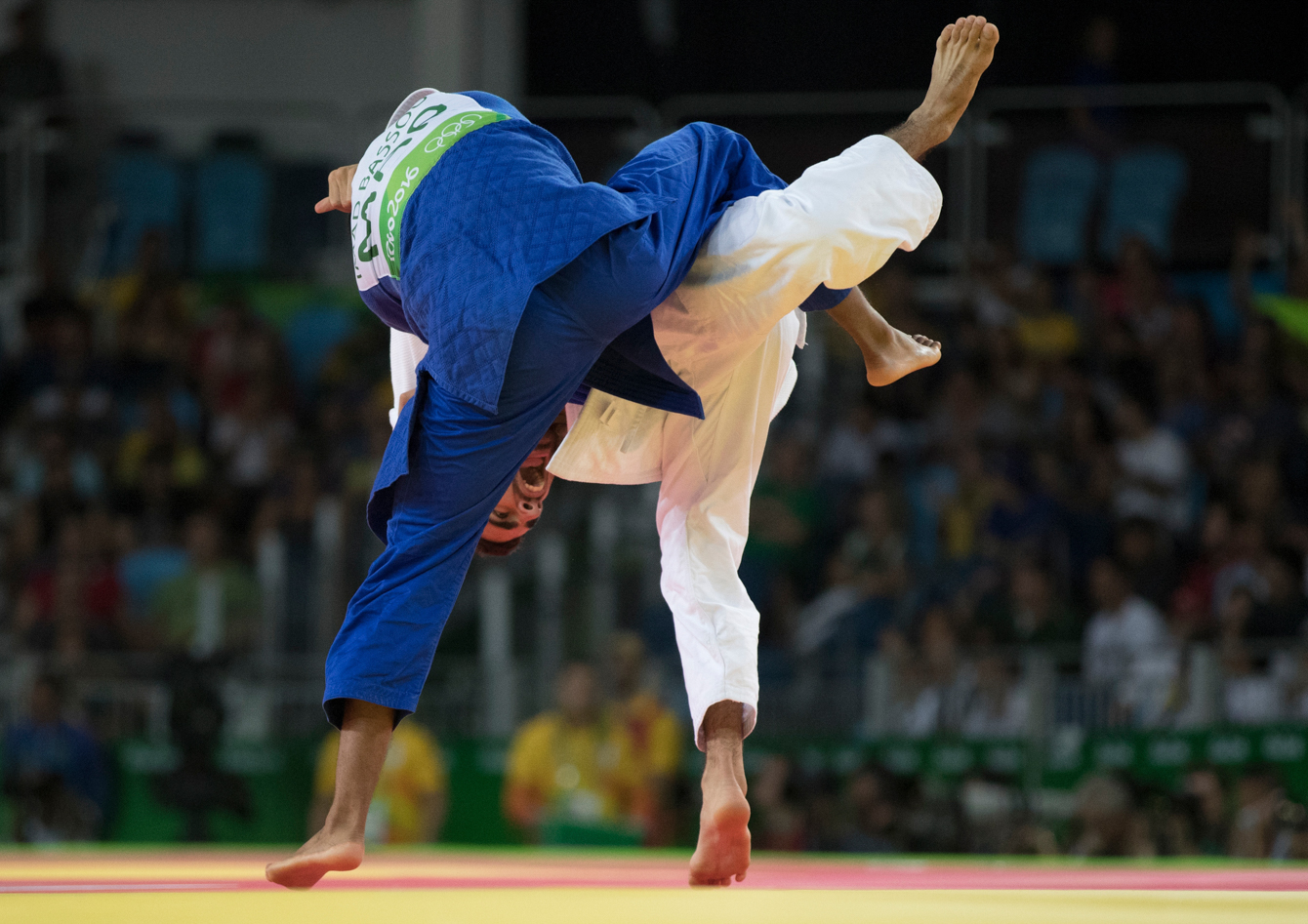 Canada's Antoine Bouchard takes on Imad Bassou of Morocco during Men's 66kg Judo, third-round action at the Olympic games in Rio de Janeiro, Brazil, Sunday, August 7, 2016. COC Photo by Jason Ransom