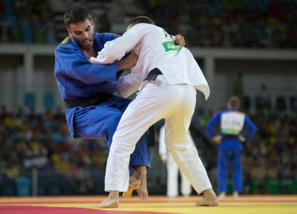 Canada's Antoine Bouchard takes on Mikhail Puliaev of Russia during Men's 66kg Judo, second-round action at the Olympic games in Rio de Janeiro, Brazil, Sunday, August 7, 2016. COC Photo by Jason Ransom