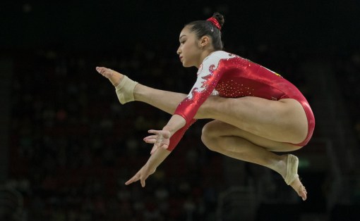 Rose Woo during the artistic gymnastics women's qualification at the 2016 Summer Olympics in Rio de Janeiro, Brazil, Sunday, Aug. 7, 2016.