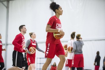 Team Canada's Miranda Ayim does drills during the women's basketball team practice in the athlete park ahead of the Olympic games in Rio de Janeiro, Brazil, Thursday August 4, 2016. COC Photo/David Jackson