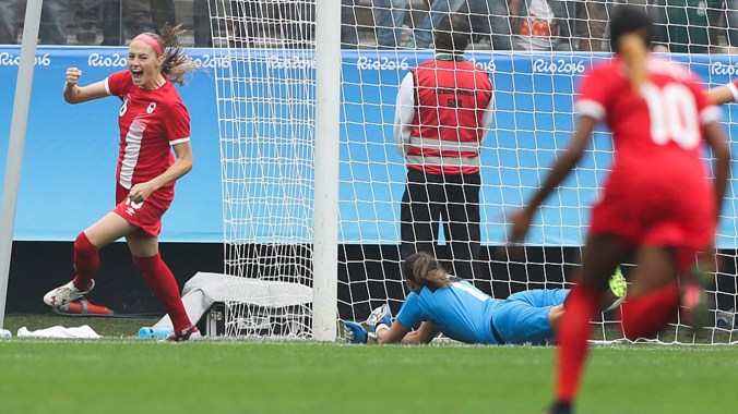 Janine Beckie scoring her team's first goal during the 2016 Summer Olympics football match between Canada and Australia, at the Arena Corinthians, in Sao Paulo, Brazil, Wednesday, Aug. 3, 2016. ( Photo/ Rio 2016 )