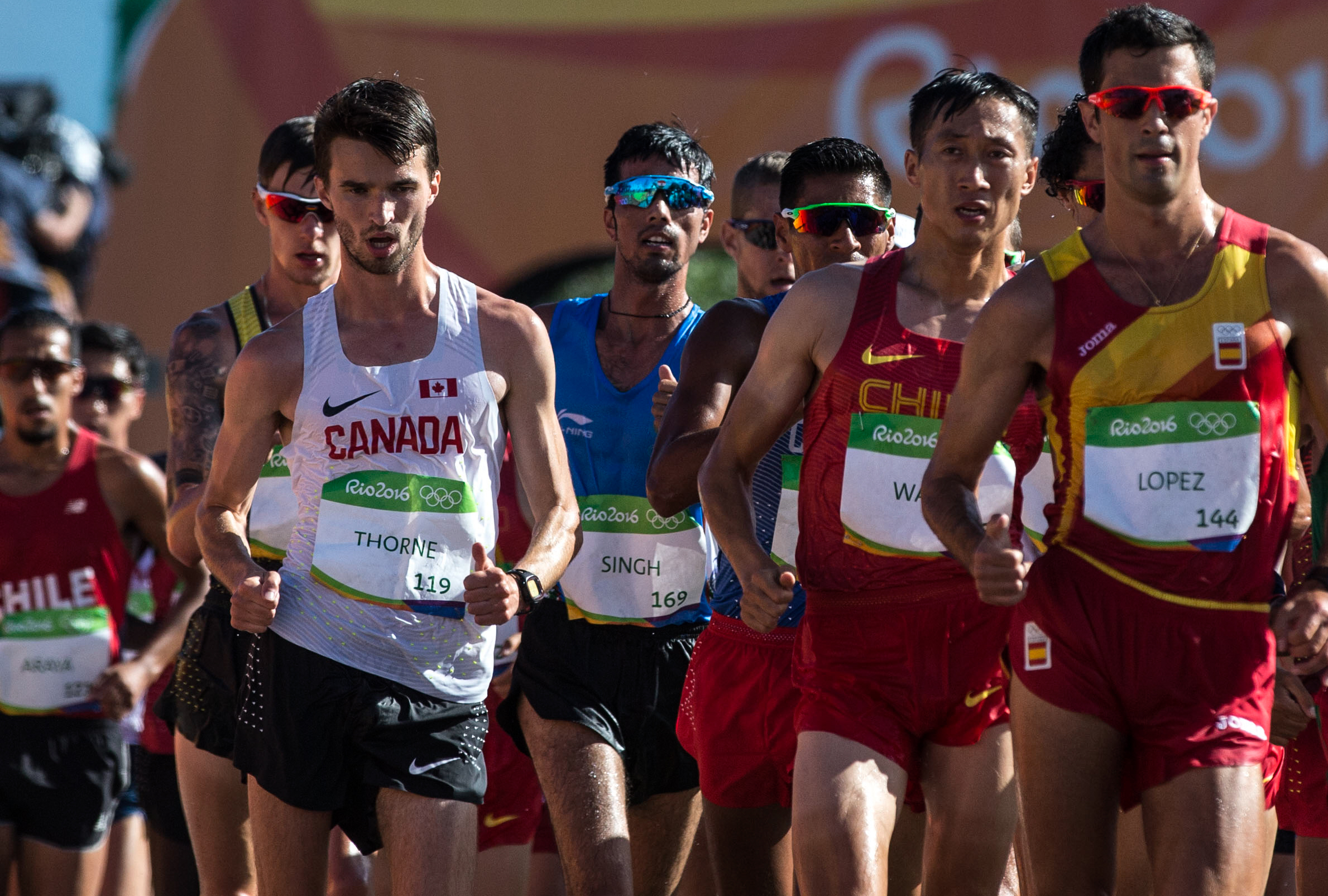 Team Canada's Ben Thorne, Evan Dunfee, and Inaki Gomez during the 20km race walk at Pontal Beach, Rio de Janeiro, Brazil, Friday August 12, 2016. COC Photo/David Jackson