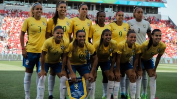 The Brazilian women's team lines up ahead of its match versus Canada