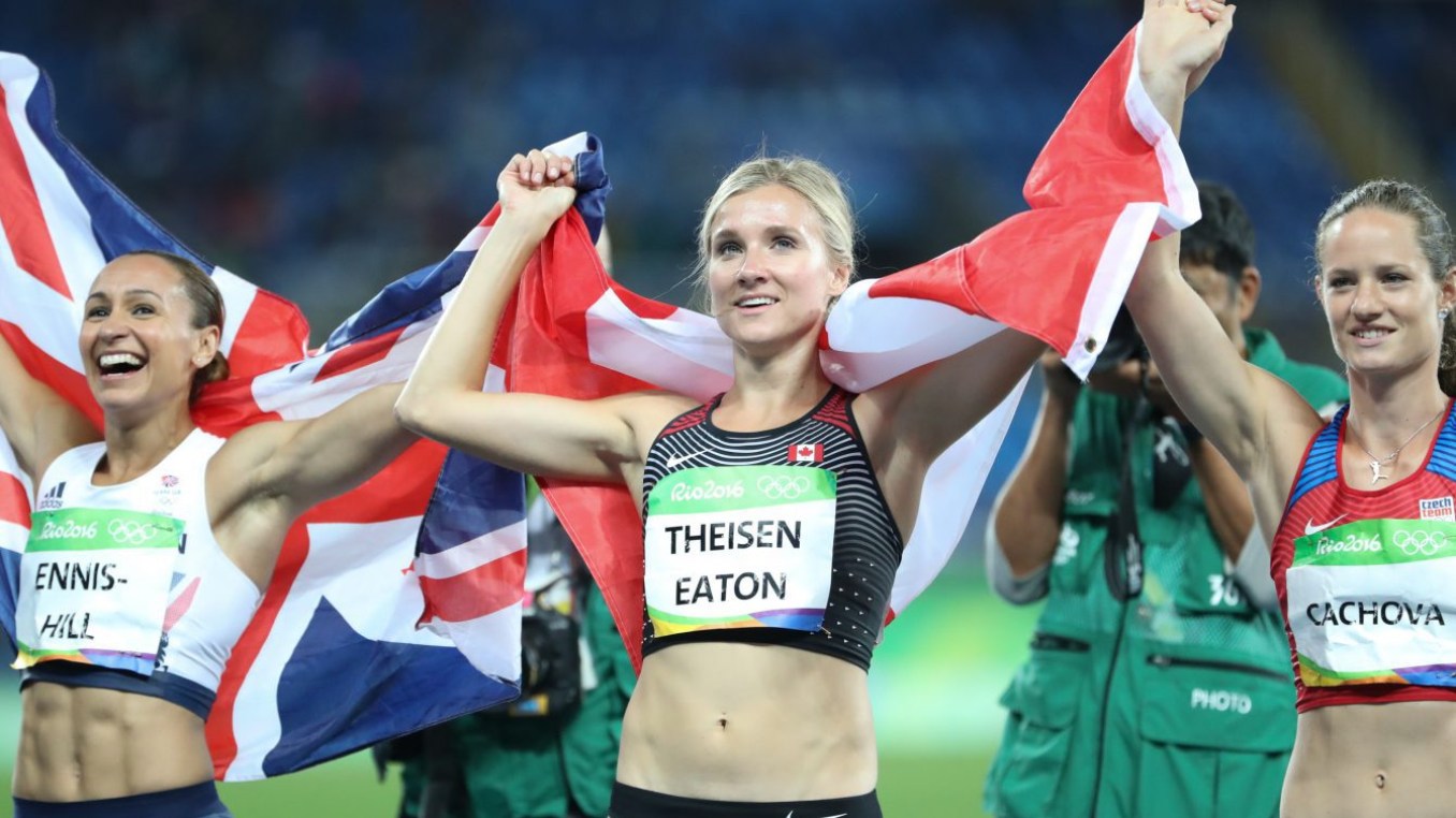 Rio 2016: Brianne Theisen Eaton heptathlon Brianne Theisen-Eaton poses with the other medallists
