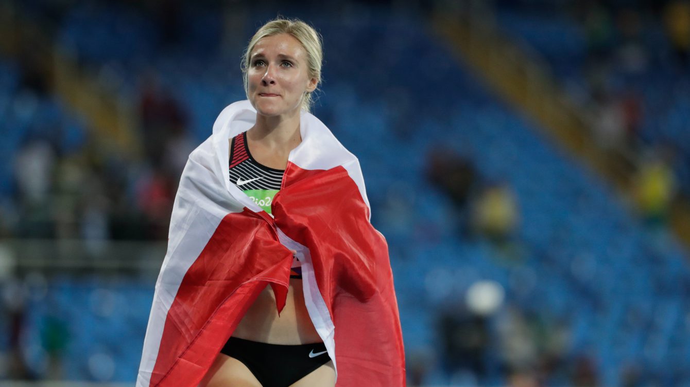 Canada's Brianne Theisen-Eaton, centre, following her bronze medal finish in the women's heptathlon at the 2016 Olympic Games in Rio de Janeiro, Brazil on Saturday, Aug. 13, 2016. photo/ David Jackson