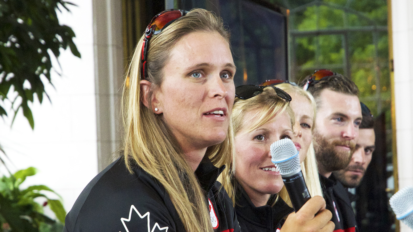 Team Canada rower Carling Zeeman speaks to the crowd at the Rio 2016 team announcement at Casa Loma on July 28, 2016. (Tavia Bakowski/COC)