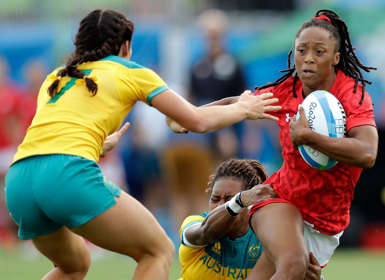 Charity Williams scores her first Olympic try against Australia on August 8 at Rio 2016. (AP Photo/Themba Hadebe)