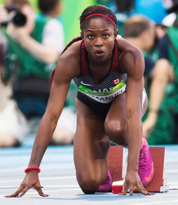Rio 2016: Crystal Emmanuel Canada's Crystal Emmanuel gets ready on the start block for the 200m women's heat at the Olympic games in Rio de Janeiro, Brazil, Monday August 15, 2016. COC Photo/Mark Blinch