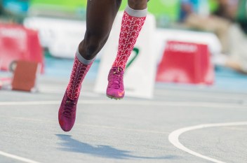 Rio 2016: Crystal Emmanuel Canada's Crystal Emmanuel wears Canada socks as she competes in the the 200m women's heat at the Olympic games in Rio de Janeiro, Brazil, Monday August 15, 2016. COC Photo/Mark Blinch