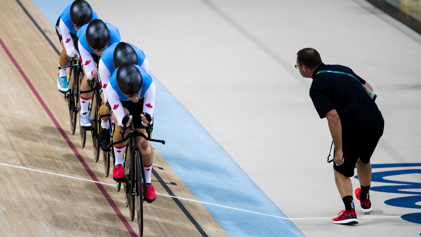 Canada's Allison Beveridge, Laura Brown, Jasmin Glaesser and Georgia Simmerling race in the qualifying round of women's team pursuit at Rio 2016 on August 11, 2016.